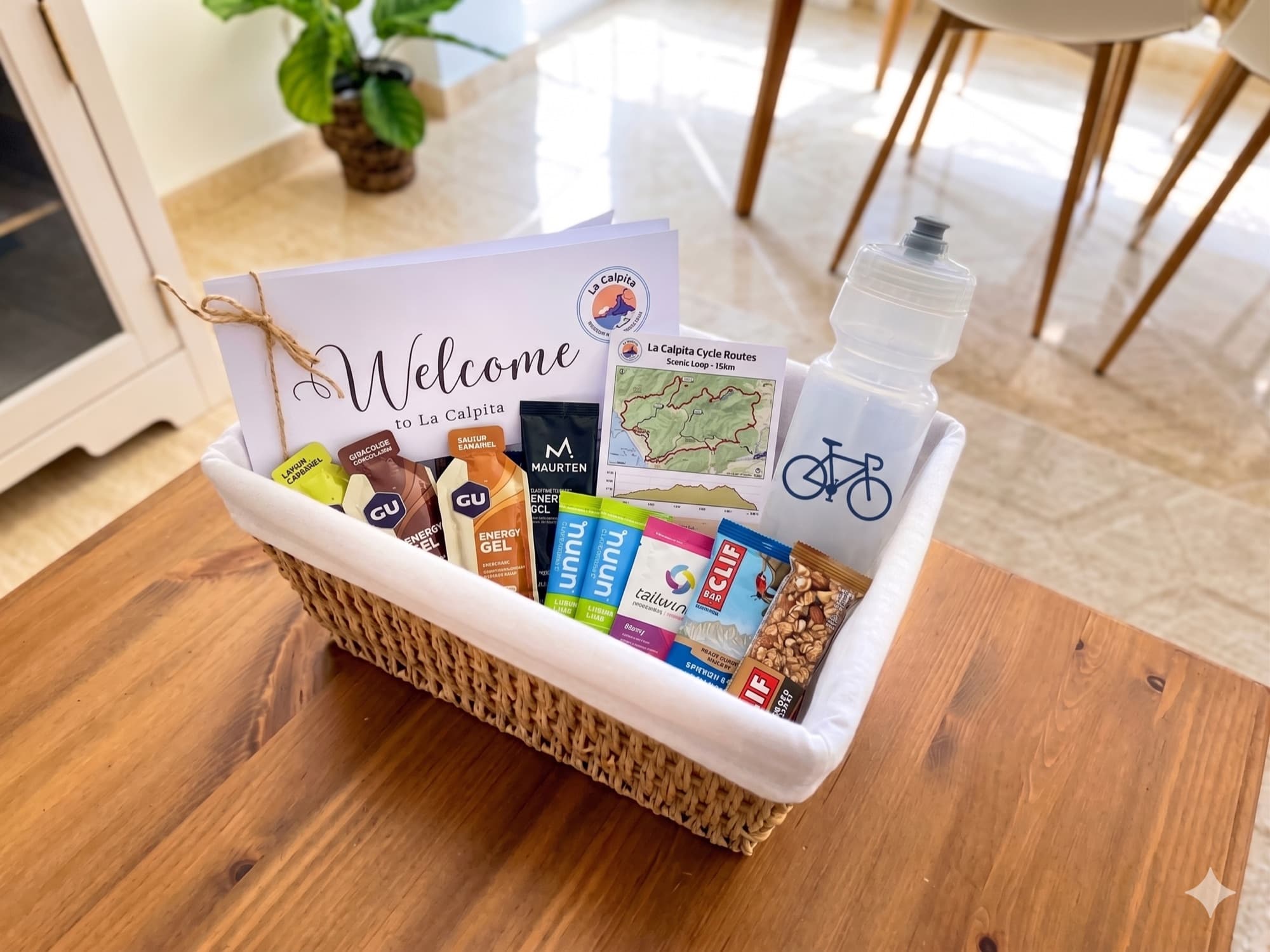 A rider's welcome pack — energy gels, bars, a bidon and printed route cards